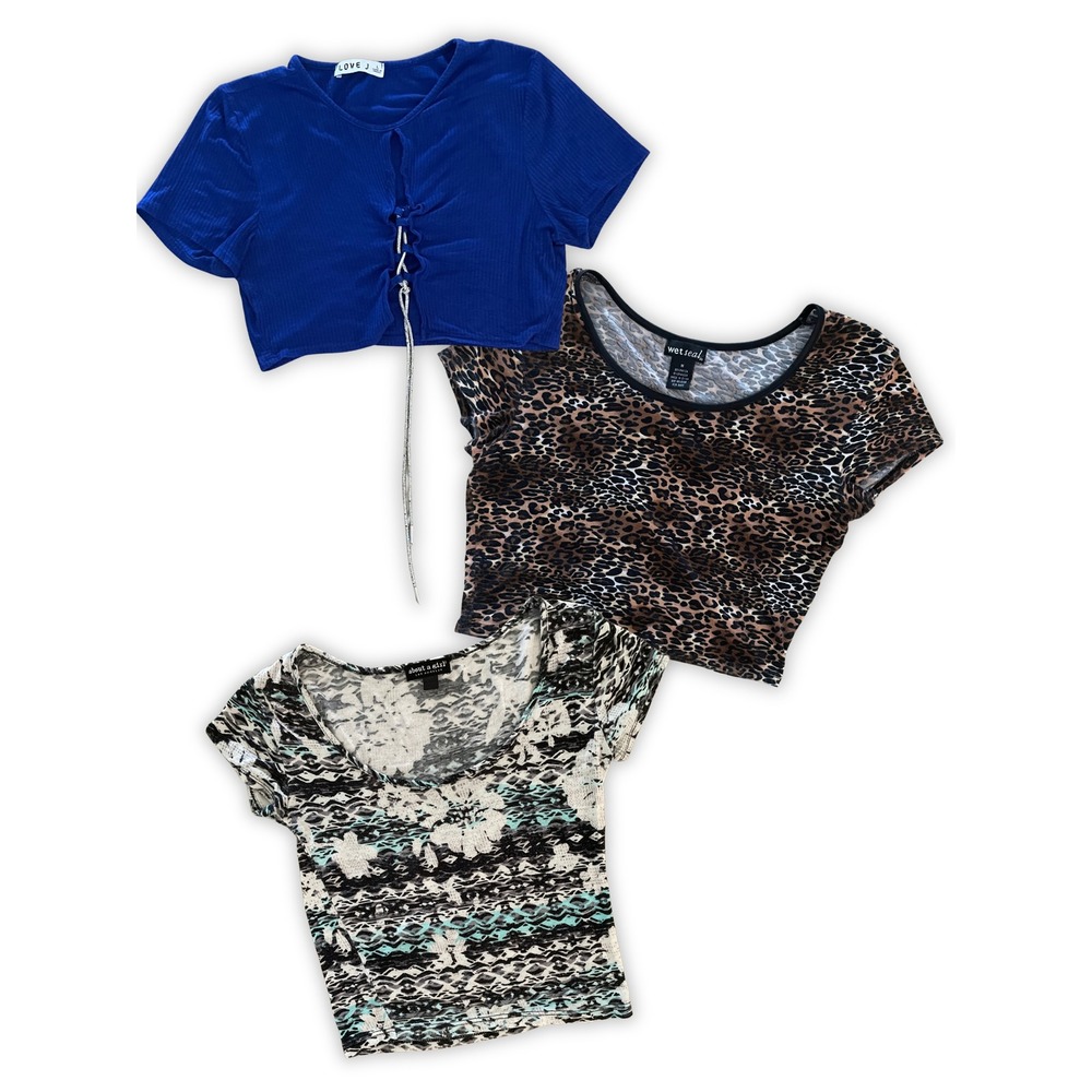 3-Piece Crop Top Bundle Blue Ribbed, Leopard Print, & Abstract Print